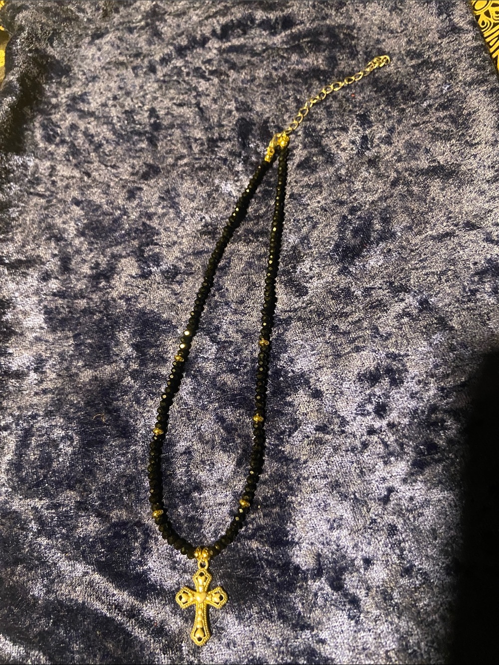 Black Beaded Necklace with Gold Cross Pendant